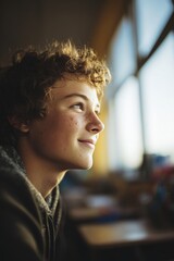 Teen Boy with Acne Smiling by Classroom Window in Morning Light