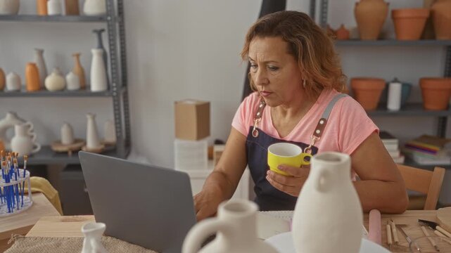 Woman holds yellow ceramic mug with hand while scrolling on laptop at artisan studio desk; concentration.