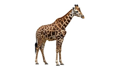 A magnificent giraffe standing tall and proud, showcasing its distinctive spotted coat and long neck, isolated against a pristine white background