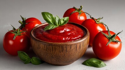 A bowl of red tomato sauce is surrounded by several ripe tomatoes and fresh basil. The bowl is placed on a table, and the tomatoes are arranged in a way that they are almost touching the bowl