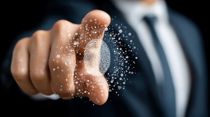 A business professional points forward, a digital fingerprint embedded on their index finger