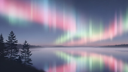 Colorful northern lights reflecting on calm lake at twilight  