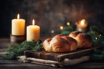 Freshly Baked Lucia Bread with Candlelight and Pine Branches, Cozy Holiday Food Scene Featuring Fresh Christmas Bread, Rustic Wood Background, Soft Advent Candle Glow, Swedish Christmas Sweet Bread