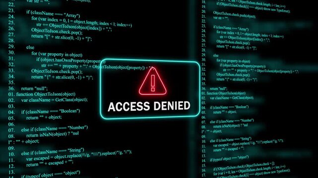 Red Exclamation Mark Warning Symbol access denied Neon Sign on cyan Digital Code Background with Glitch Effect