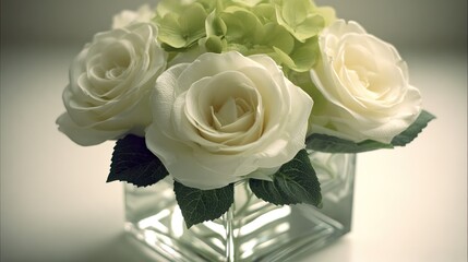 Obraz premium Group of pale roses and light green blooms arranged in a clear geometric container