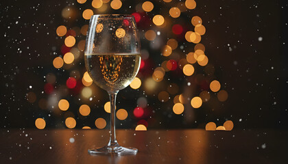 Sparkling wine glass celebrating winter holidays with bokeh lights