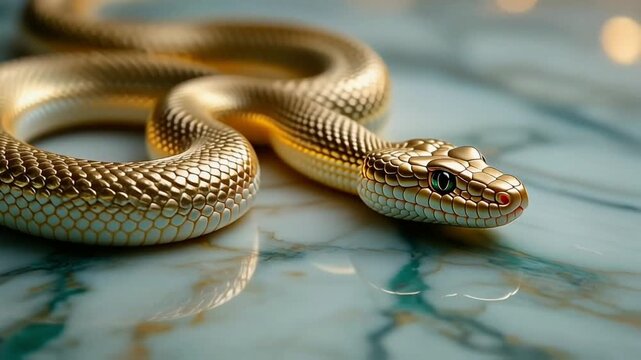 Coiled snake resting on a smooth surface, detailed scales illuminated by soft natural light, with a clean blurred background enhancing texture and form.