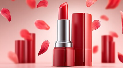 A close-up of a red lipstick with falling rose petals on a pastel pink background © acc