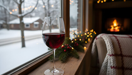 Red wine glass at window during winter holidays