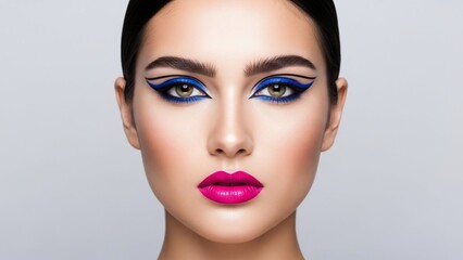 Fototapeta premium Bold Eye Glamour: A striking close-up unveils exquisite makeup artistry, accentuating the allure of eyes with a captivating blend of deep blue hues, perfectly complemented by a vibrant, bold pink lip.