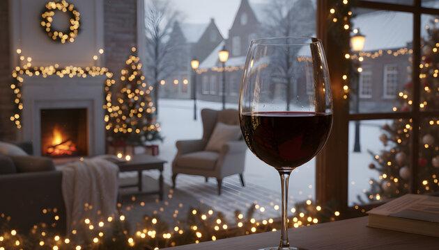 Red wine glass by window in cozy christmas living room