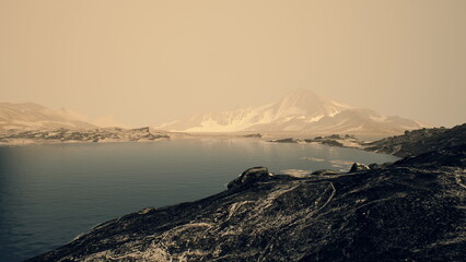 A tranquil view of a misty mountain range beside a calm lake during twilight. The soft hues of the sky blend seamlessly with the water, creating an ethereal atmosphere.