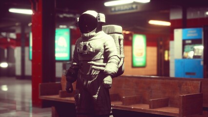 An astronaut figure stands in a modern subway station, surrounded by glowing advertisements and the hushed buzz of commuters. © icetray