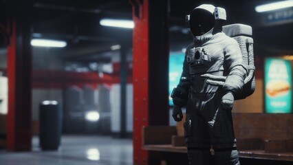 A remarkable astronaut statue stands in a high tech underground environment, illuminated by glowing lights, inviting curiosity and sparking imagination about space exploration.