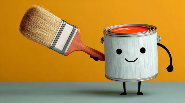 A cartoon character holding a paintbrush and a can of paint