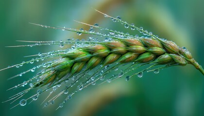 Morning Light Illuminates Fresh Young Wheat Ear Covered In Dew Drops, Captured In Stunning Close-Up Macro Photography In Natural Setting.