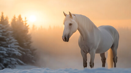 A majestic white horse stands serenely in a snow-covered landscape at sunrise, bathed in warm light. The misty forest backdrop adds an ethereal, wintery beauty.
