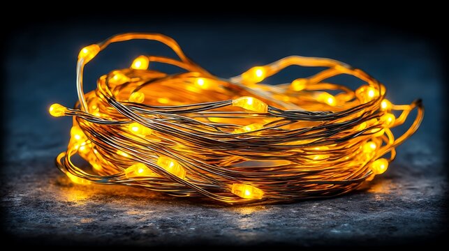 Close-up of coiled warm string lights glowing on a textured, dark gray surface