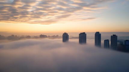 Aerial view of city buildings emerging from a sea of fog at sunrise. Golden light paints the clouds, creating a surreal and serene urban landscape, showcasing architectural grandeur.
