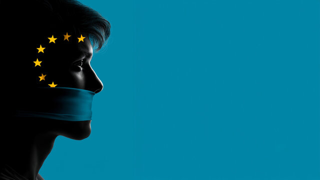 Silhouette eines geknebelten Mannes mit EU-Sternen symbolisiert Zensur und Unterdr&uuml;ckung der Meinungsfreiheit