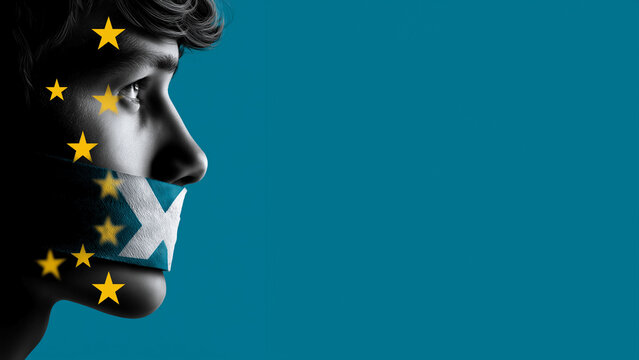 Silhouette eines geknebelten Mannes mit EU-Sternen symbolisiert Zensur und Unterdr&uuml;ckung der Meinungsfreiheit
