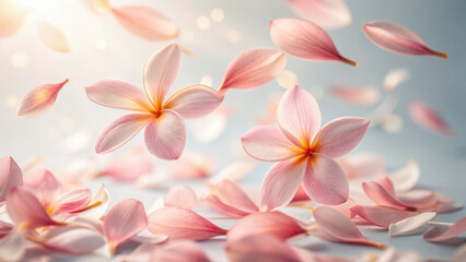 Naklejka premium Spring whimsical petal motion. Pink petals gracefully float in air, creating serene and dreamy atmosphere