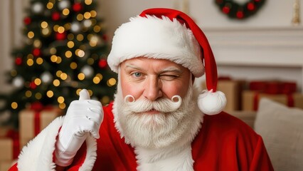 Classic Santa Claus winking and giving thumbs-up in festive room with Christmas tree and presents