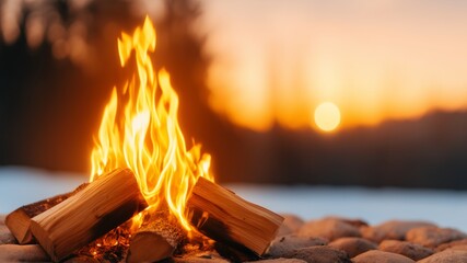 A serene fireplace scene with a few strategically placed logs, no clutter, and soft, warm lighting, cozy winter evening, calm atmosphere 