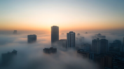 City skyline veiled in a mystic fog under a serene sky. The towering buildings pierce the thick mist, creating an ethereal urban landscape. A tranquil sunrise paints the backdrop.