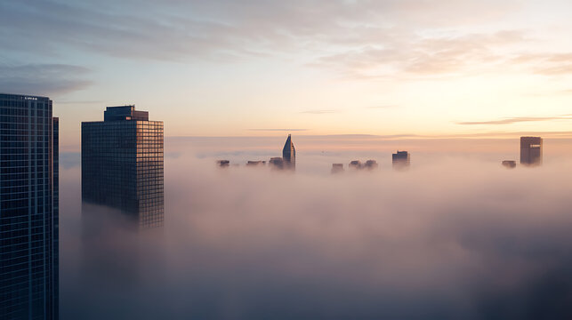 A mesmerizing cityscape veiled in a dreamy fog, buildings gently emerge from the cloud cover, framed by the soft glow of sunrise. Modern architecture in misty scenery.