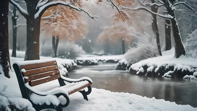 Snowy winter day in park with falling snowflakes, stream in the background, park bench, mp4 video. AI
