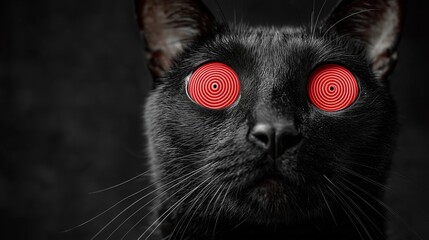 Hypnotic stare of a black feline. A cat with red spiral eyes under hypnosis.