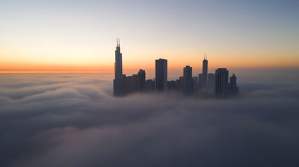 Cityscape skyscrapers poke out of a sea of fog during a stunning sunrise. The skyline contrasts sharply with the soft, ethereal clouds, creating a captivating view.