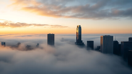 City skyline peeks through a thick blanket of fog at sunrise, with golden light painting the clouds. Tall buildings rise above, creating a serene cityscape.