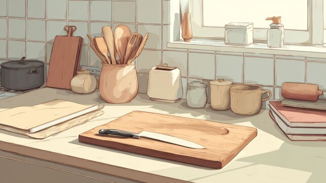 Simple cooking scene: Beige table with cutting board, utensils, and empty space.