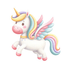 Colorful unicorn in watercolor style, magical and whimsical illustration, cute fantasy character on a transparent background.