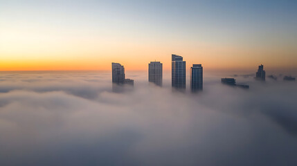 City skyline emerges from the embrace of a serene fog, silhouetted against the dawn's golden glow. The cityscape floats ethereally amidst the clouds, a stunning spectacle.