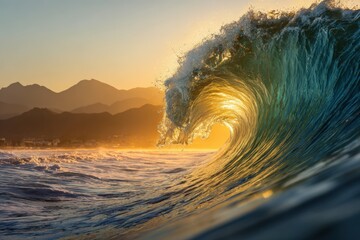 Stunning Ocean Wave Curling at Sunset with Glowing Sunlight and Golden Sky