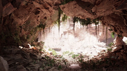 Bright rays of sunlight stream into a secluded cave, casting a warm glow on the rocky ground, while verdant plants thrive in this hidden natural sanctuary, showcasing natures beauty.