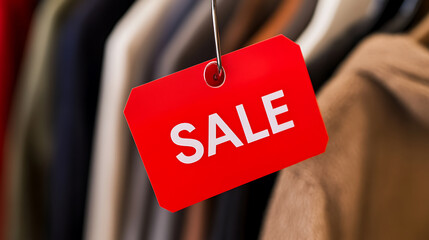 A vibrant red sale tag hangs prominently amidst a collection of clothes. The clean lines and bold text of the sale sign create a sense of urgency and excitement for shoppers.
