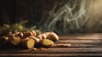 Sliced Ginger Roots with Steam on Wooden Table in Cinematic Morning Light