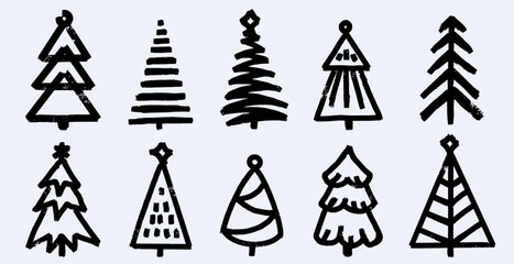 Set of Christmas tree icons in grunge style. Bald hand brushed lines for emblems or Christmas patterns.