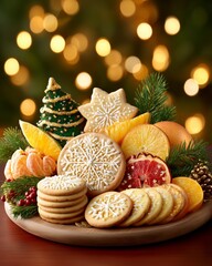 Christmas Cookies and Fresh Citrus Fruit Platter with Holiday Decorations &ndash; Festive Dessert Arrangement 