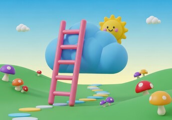 Whimsical dreamscape ladder reaching for the sky cloud