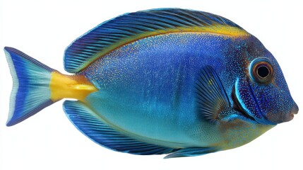 A bright fish swims in clear water. The fish has blue and yellow scales with a unique shape. This scene shows the diversity of life found in the ocean.