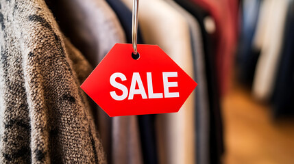 A vibrant red tag boldly announces "SALE" amidst a rack of clothing, promising stylish finds at discounted prices. Opportunity knocks for savvy shoppers!