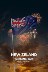 Sky with clouds and fireworks waving National flags of New Zeland