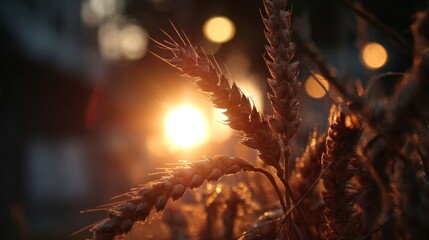 Close-up of golden wheat stalks illuminated by a setting sun, creating a warm, hazy scene
