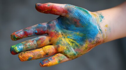 A hand covered in various colors of paint displays the result of a recent art activity. The vibrant colors reflect creativity and participation by young artists in a fun workshop.