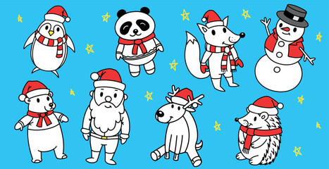 Cute Christmas characters. New year animals and Santa Claus, Panda bear, hedgehog and Rudeolph deer in clothes and red hat, snowman and funny fox with penguin